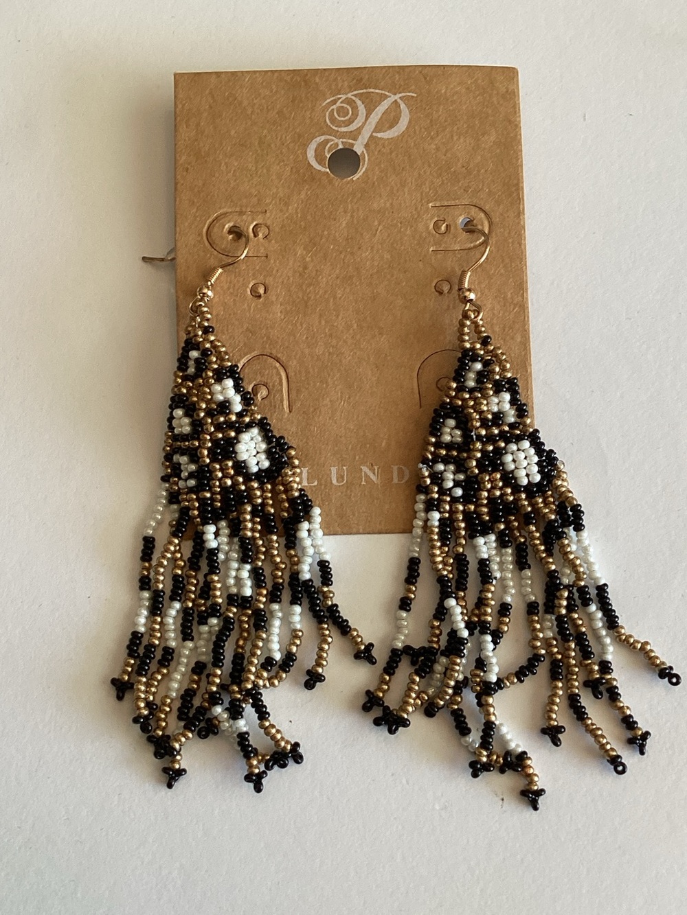 Plunder Beaded Fringe‎ Earrings — Black, White & Gold